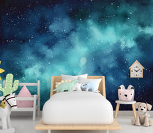 Load image into Gallery viewer, Dreamy Watercolor Galaxy Wallpaper, Navy Blue Teal Nebula Wall Art, Cosmic Night Sky Mural, Celestial Space Decor