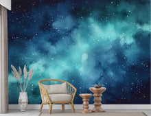 Load image into Gallery viewer, Dreamy Watercolor Galaxy Wallpaper, Navy Blue Teal Nebula Wall Art, Cosmic Night Sky Mural, Celestial Space Decor