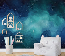 Load image into Gallery viewer, Dreamy Watercolor Galaxy Wallpaper, Navy Blue Teal Nebula Wall Art, Cosmic Night Sky Mural, Celestial Space Decor