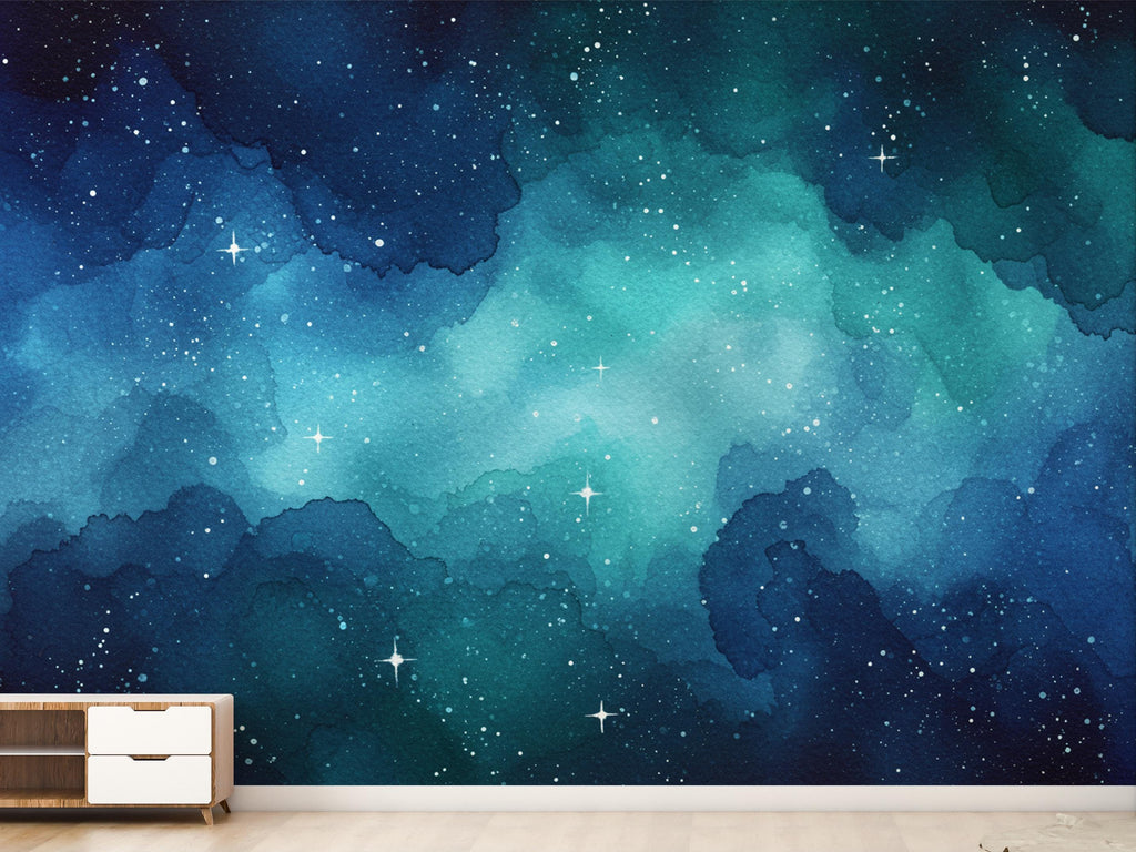 Dreamy Watercolor Galaxy Wallpaper, Navy Blue Teal Nebula Wall Art, Cosmic Night Sky Mural, Celestial Space Decor