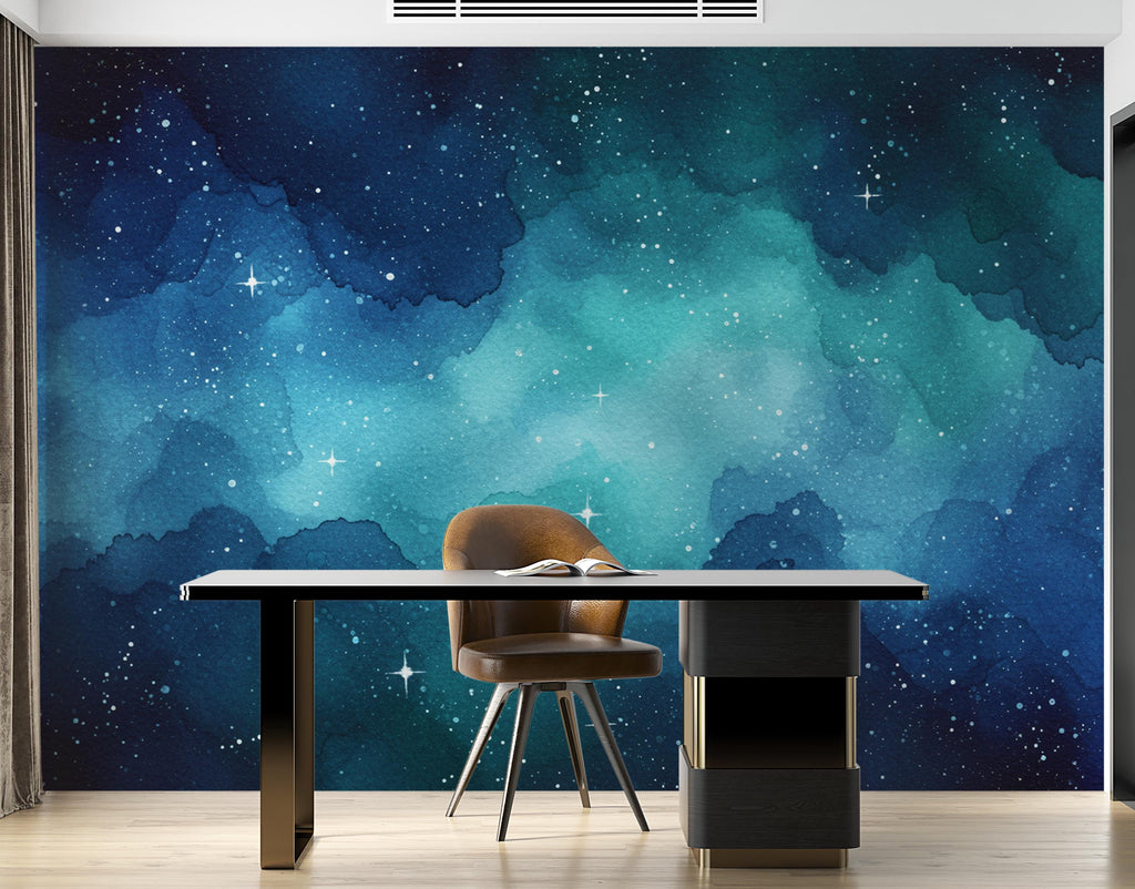 Dreamy Watercolor Galaxy Wallpaper, Navy Blue Teal Nebula Wall Art, Cosmic Night Sky Mural, Celestial Space Decor