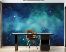 Load image into Gallery viewer, Dreamy Watercolor Galaxy Wallpaper, Navy Blue Teal Nebula Wall Art, Cosmic Night Sky Mural, Celestial Space Decor