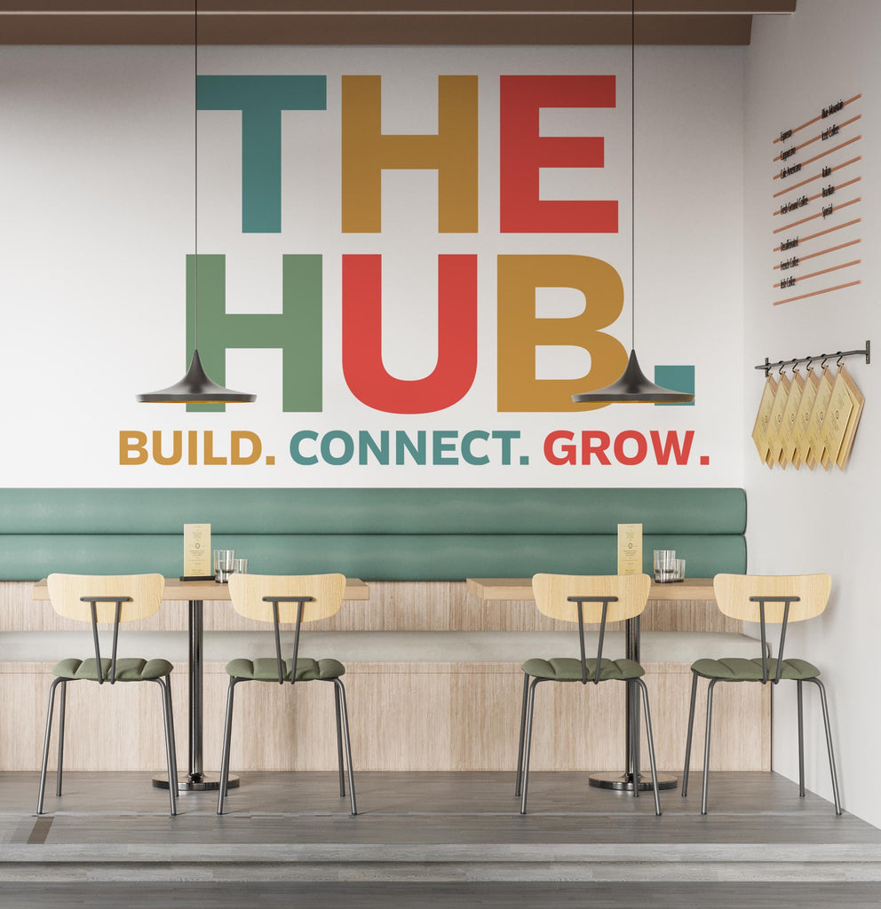 THE HUB Wall Decal – Build Connect – Office Wall Art – Business Workspace Vinyl Decal – Entrepreneur Office Decor – Startup Wall Quote 788LU