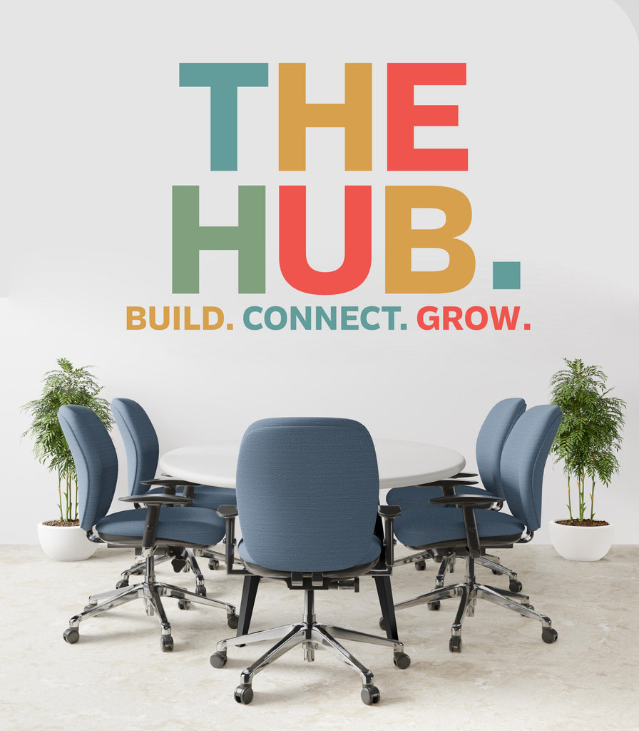 THE HUB Wall Decal – Build Connect – Office Wall Art – Business Workspace Vinyl Decal – Entrepreneur Office Decor – Startup Wall Quote 788LU