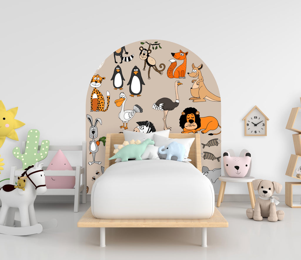 May include: A white wooden bed frame with a white mattress and a beige headboard featuring a whimsical arch design with cartoon animal illustrations. The headboard features a variety of animals including a lion, penguin, ostrich, monkey, and kangaroo.