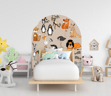 Load image into Gallery viewer, May include: A white wooden bed frame with a white mattress and a beige headboard featuring a whimsical arch design with cartoon animal illustrations. The headboard features a variety of animals including a lion, penguin, ostrich, monkey, and kangaroo.
