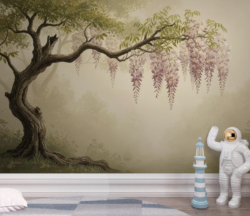 Pink Wisteria Tree Wall Mural, Botanical Floral Wallpaper, Romantic Blush Pink Mural Print, Living Room Bedroom Decor 394DE