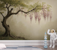 Load image into Gallery viewer, Pink Wisteria Tree Wall Mural, Botanical Floral Wallpaper, Romantic Blush Pink Mural Print, Living Room Bedroom Decor 394DE