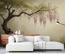 Load image into Gallery viewer, Pink Wisteria Tree Wall Mural, Botanical Floral Wallpaper, Romantic Blush Pink Mural Print, Living Room Bedroom Decor 394DE