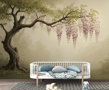 Load image into Gallery viewer, Pink Wisteria Tree Wall Mural, Botanical Floral Wallpaper, Romantic Blush Pink Mural Print, Living Room Bedroom Decor 394DE