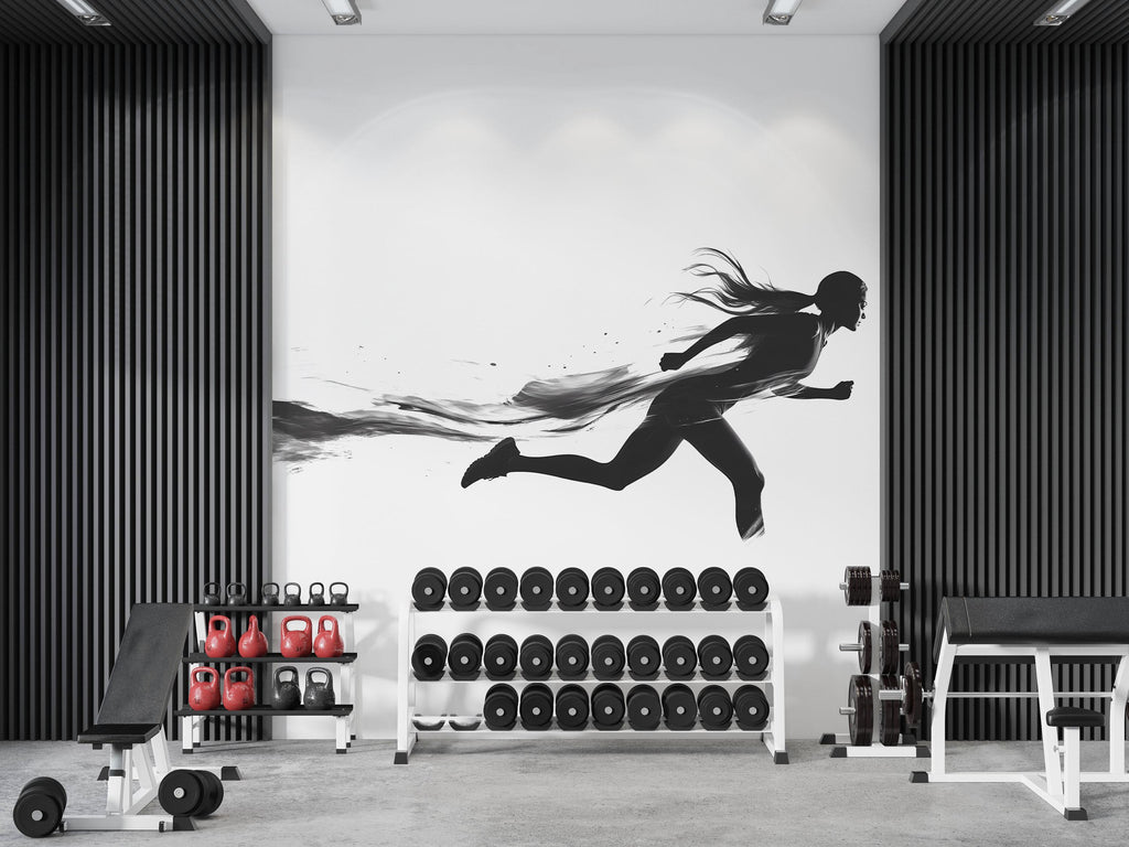 Running Woman Wall Decal Gym Wall Art Fitness Mural Female Athlete Vinyl Sticker Workout Wall Decor Cardio Motivation Home Gym Decor