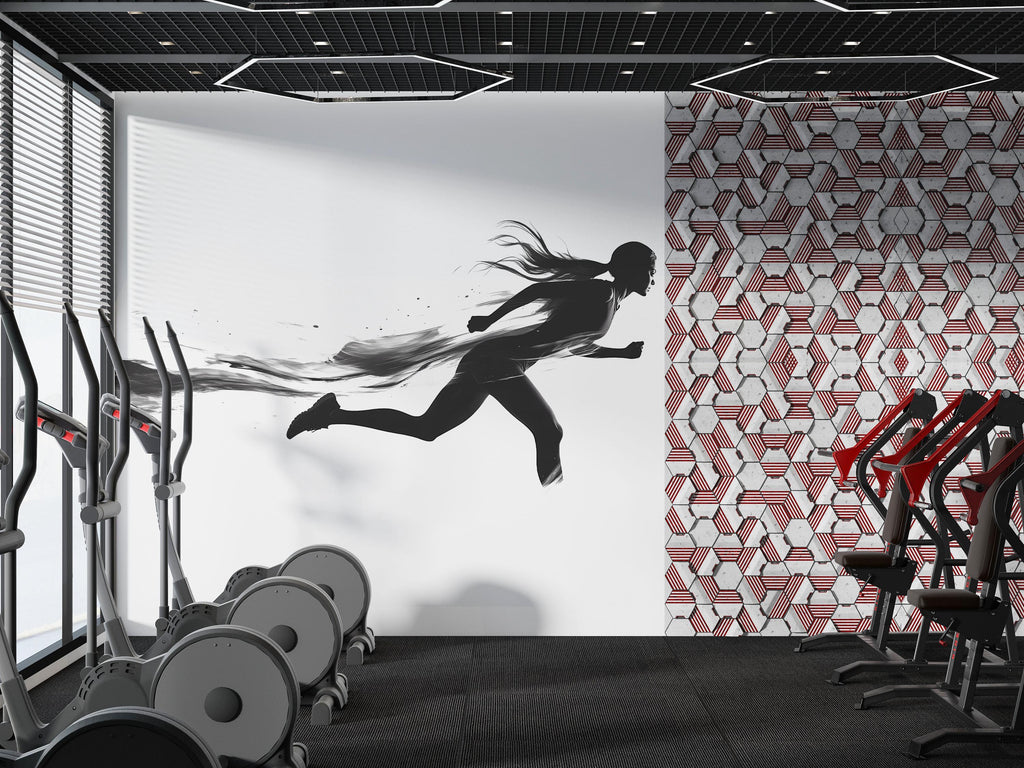 Running Woman Wall Decal Gym Wall Art Fitness Mural Female Athlete Vinyl Sticker Workout Wall Decor Cardio Motivation Home Gym Decor