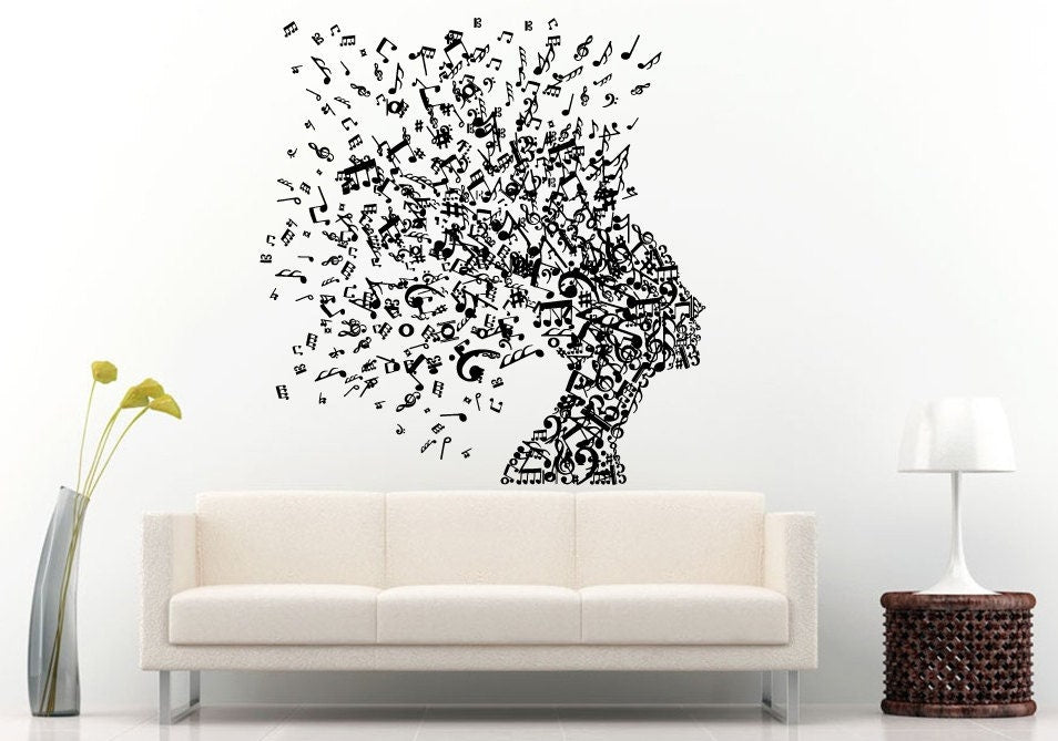 Beautiful Girl Woman Made Out Of Musical Notes Head Music Notes Hair Style Wall Decal Vinyl Sticker Mural Room Decor L722