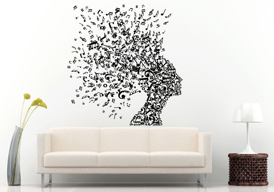 Beautiful Girl Woman Made Out Of Musical Notes Head Music Notes Hair Style Wall Decal Vinyl Sticker Mural Room Decor L722