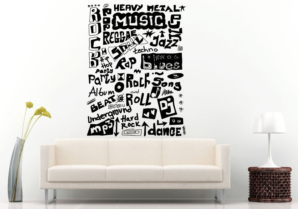 Music Related Words Genres Instruments Devices Wall Decal Vinyl Sticker Mural Room Decor L723