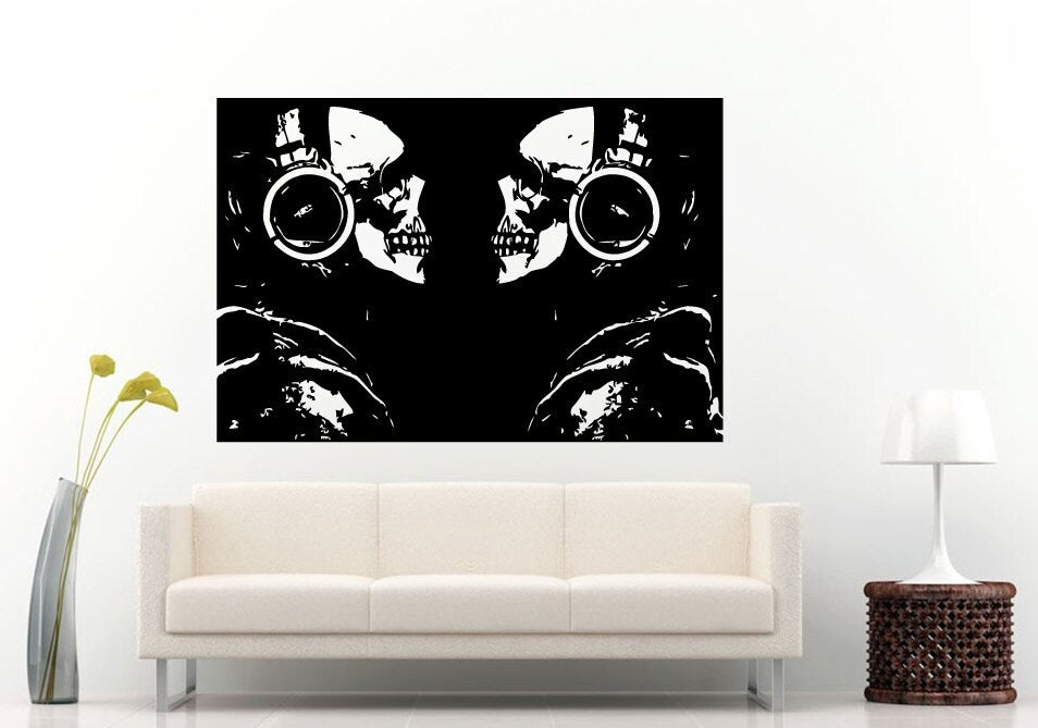 Music Poster With Two Skull Heads And Music Headphones Vinyl Sticker Mural Room Decor L725