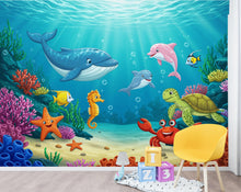 Load image into Gallery viewer, Underwater Watercolor Wallpaper Mural | Dolphin, Fish &amp; Sea Turtle Wall Art | Ocean Nursery Wallpaper | Kids Room | Baby Room Mural 396DE