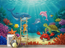 Load image into Gallery viewer, Underwater Watercolor Wallpaper Mural | Dolphin, Fish &amp; Sea Turtle Wall Art | Ocean Nursery Wallpaper | Kids Room | Baby Room Mural 396DE
