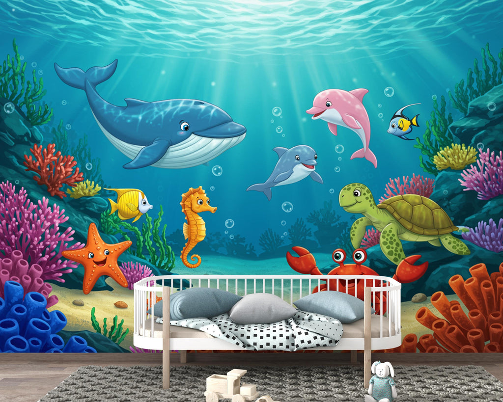 Underwater Watercolor Wallpaper Mural | Dolphin, Fish & Sea Turtle Wall Art | Ocean Nursery Wallpaper | Kids Room | Baby Room Mural 396DE