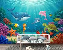 Load image into Gallery viewer, Underwater Watercolor Wallpaper Mural | Dolphin, Fish &amp; Sea Turtle Wall Art | Ocean Nursery Wallpaper | Kids Room | Baby Room Mural 396DE