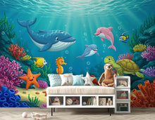 Load image into Gallery viewer, Underwater Watercolor Wallpaper Mural | Dolphin, Fish &amp; Sea Turtle Wall Art | Ocean Nursery Wallpaper | Kids Room | Baby Room Mural 396DE