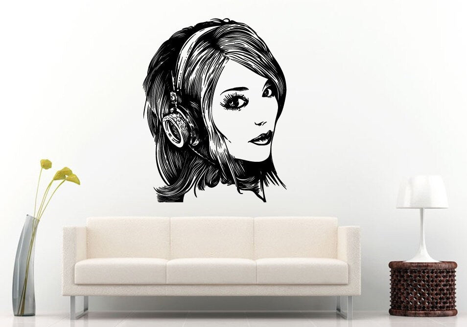Girl Woman With Beautiful Hair In Headphones Listening To Music Wall Decal Vinyl Sticker Mural Room Decor L715
