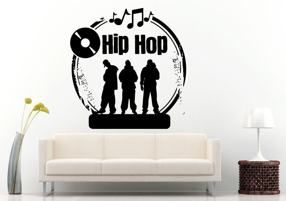 Hip Hop Music Genre Stamp With Vinyl Record And Music Notes Wall Decal Vinyl Sticker Mural Room Decor L718