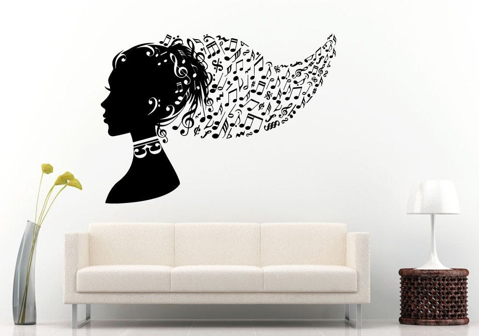 Beautiful Girl Woman Head Music Notes Hair Style Wall Decal Vinyl Sticker Mural Room Decor L721