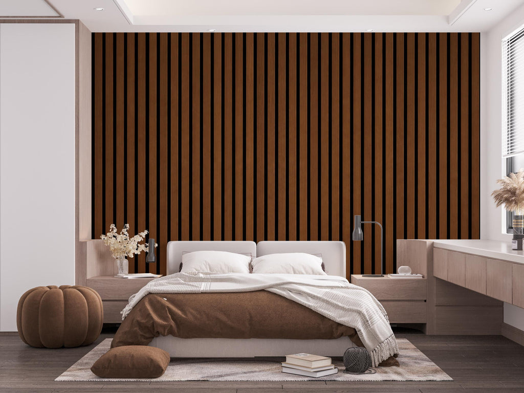 Dark Wood Slat Wallpaper Peel and Stick, Vertical Line Wood Panel Wall Mural, Modern Minimalist Removable Wallpaper Decor 826LU