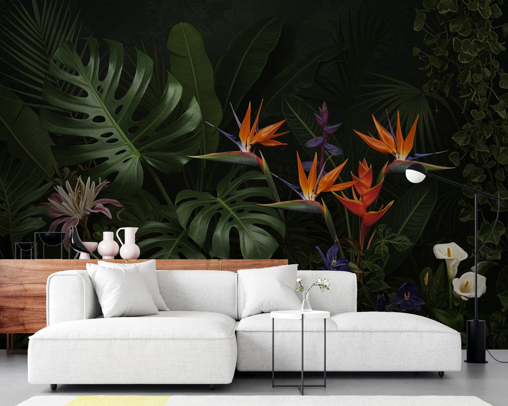 Dramatic Dark Tropical Wallpaper Mural, Jungle Botanical Wall Art, Monstera Banana Palm Leaves, Luxury Black Green Floral Wallpaper 411DE