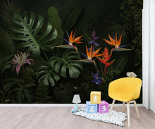 Load image into Gallery viewer, Dramatic Dark Tropical Wallpaper Mural, Jungle Botanical Wall Art, Monstera Banana Palm Leaves, Luxury Black Green Floral Wallpaper 411DE