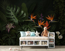 Load image into Gallery viewer, Dramatic Dark Tropical Wallpaper Mural, Jungle Botanical Wall Art, Monstera Banana Palm Leaves, Luxury Black Green Floral Wallpaper 411DE