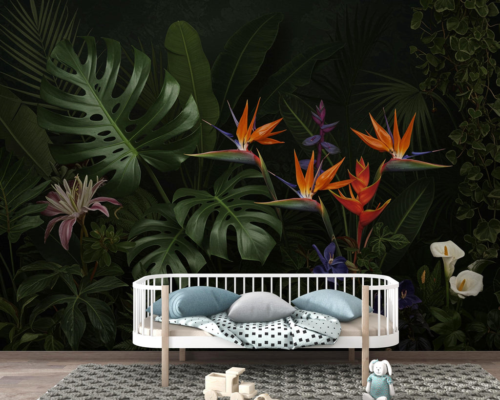 Dramatic Dark Tropical Wallpaper Mural, Jungle Botanical Wall Art, Monstera Banana Palm Leaves, Luxury Black Green Floral Wallpaper 411DE