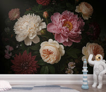 Load image into Gallery viewer, Dark Moody Floral Wallpaper Mural, Peony Rose Garden Wall Art, Dramatic Dutch Floral Wallpaper, Maximalist Black Botanical Wallpaper 412DE