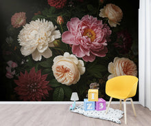Load image into Gallery viewer, Dark Moody Floral Wallpaper Mural, Peony Rose Garden Wall Art, Dramatic Dutch Floral Wallpaper, Maximalist Black Botanical Wallpaper 412DE
