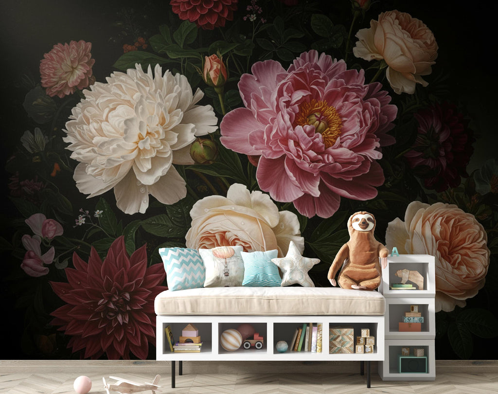 Dark Moody Floral Wallpaper Mural, Peony Rose Garden Wall Art, Dramatic Dutch Floral Wallpaper, Maximalist Black Botanical Wallpaper 412DE