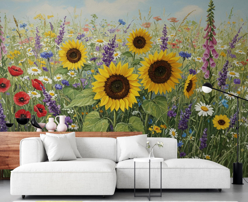 Wildflower Meadow Wallpaper Mural, Colorful Floral Wall Art, Poppy Sunflower Daisy Wallpaper, Cottagecore Summer Botanical Wall Decor 413DE