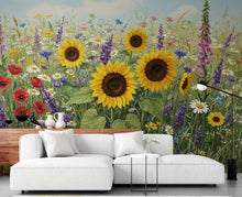 Load image into Gallery viewer, Wildflower Meadow Wallpaper Mural, Colorful Floral Wall Art, Poppy Sunflower Daisy Wallpaper, Cottagecore Summer Botanical Wall Decor 413DE