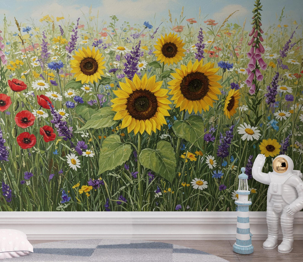 Wildflower Meadow Wallpaper Mural, Colorful Floral Wall Art, Poppy Sunflower Daisy Wallpaper, Cottagecore Summer Botanical Wall Decor 413DE