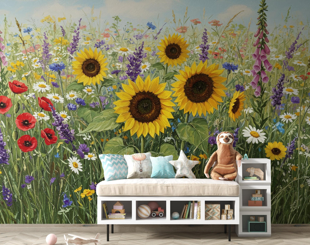 Wildflower Meadow Wallpaper Mural, Colorful Floral Wall Art, Poppy Sunflower Daisy Wallpaper, Cottagecore Summer Botanical Wall Decor 413DE