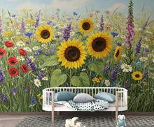 Load image into Gallery viewer, Wildflower Meadow Wallpaper Mural, Colorful Floral Wall Art, Poppy Sunflower Daisy Wallpaper, Cottagecore Summer Botanical Wall Decor 413DE