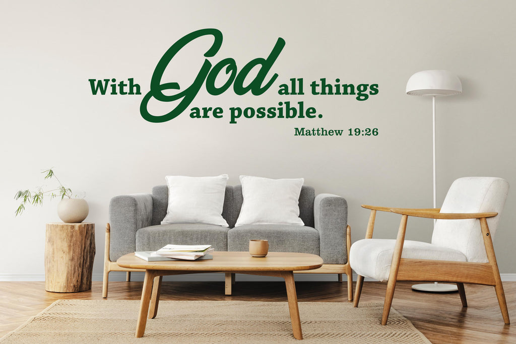 With God All Things Are Possible Wall Decal, Bible Verse Wall Art, Religious Wall Sign, Faith Quote Decor, Christian Wall Sticker 828LU
