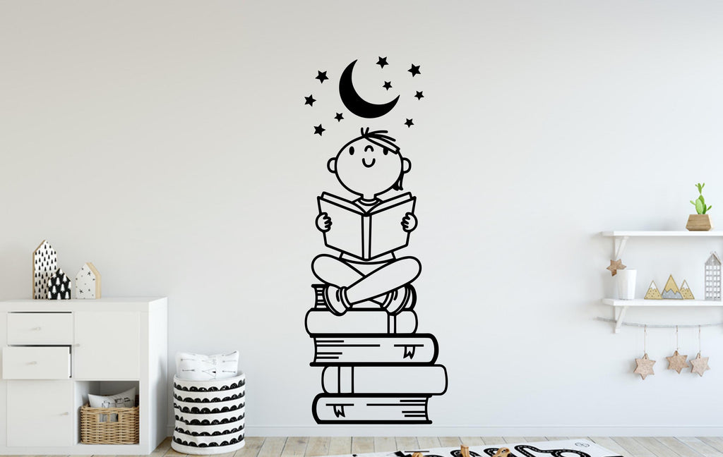 Boy Reading Book Wall Decal, Library Decor, Vinyl Sticker 397DE