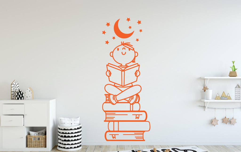 Boy Reading Book Wall Decal, Library Decor, Vinyl Sticker 397DE