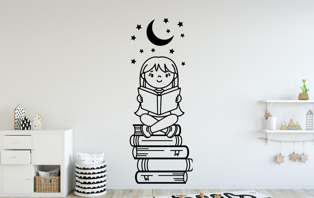 Girl Reading Book Wall Decal, Library Decor, Vinyl Sticker 398DE