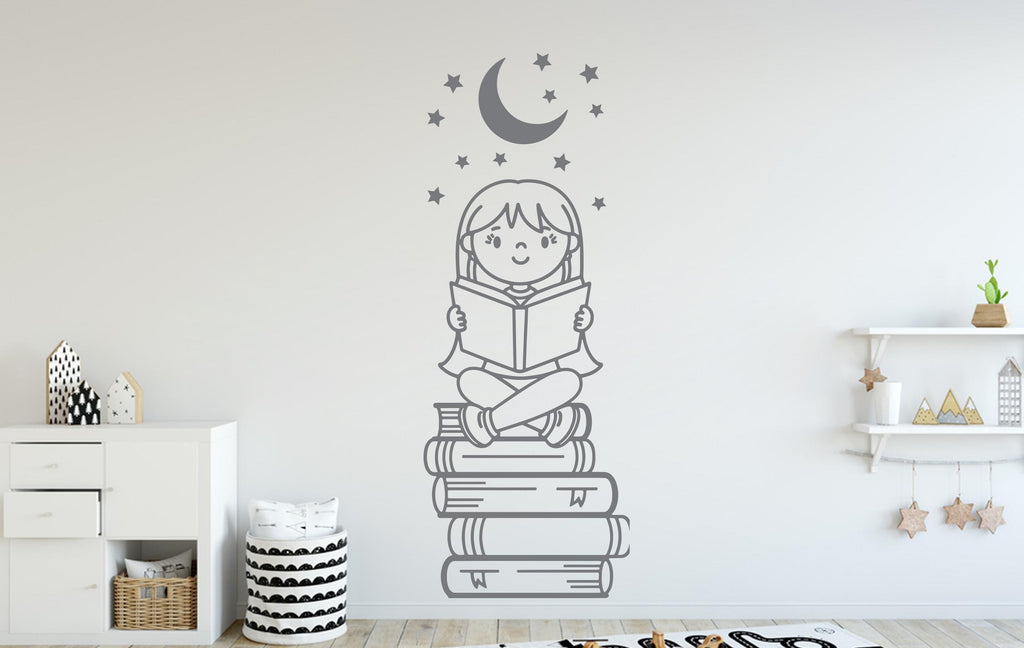 Girl Reading Book Wall Decal, Library Decor, Vinyl Sticker 398DE