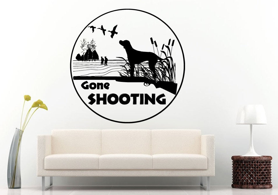 Gone Shooting Sign Logo Emblem With Dog Ducks Swamp Wall Decal Vinyl Sticker Mural Room Decor L735