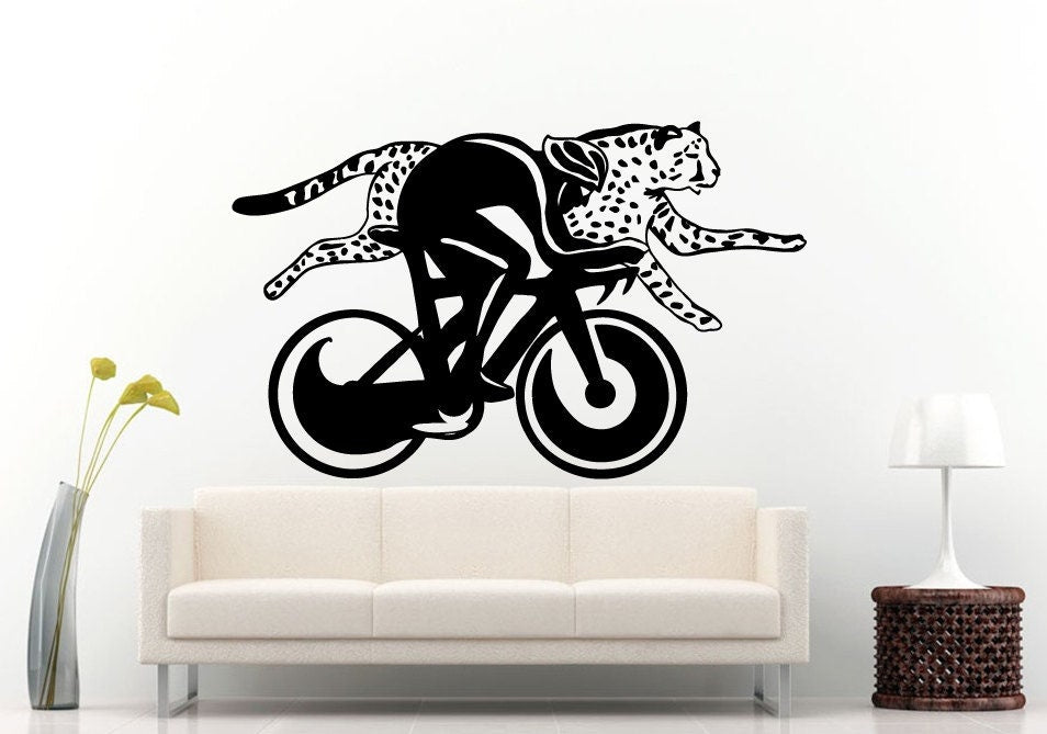 Race Between Bicyclist And A Cheetah Wall Decal Vinyl Sticker Mural Room Decor L738