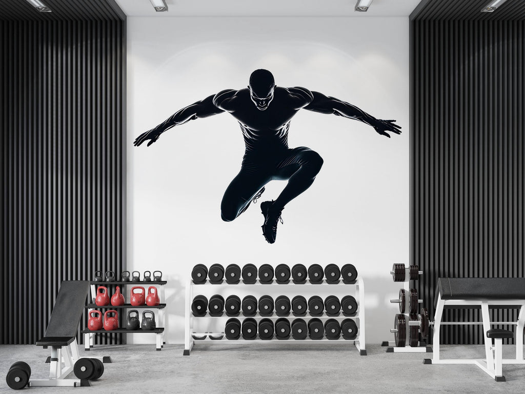 Athlete Jump Wall Decal Gym Wall Art Fitness Mural Vinyl Sticker Modern Home Gym Decor Workout Motivation Luxury Gym Wall Design