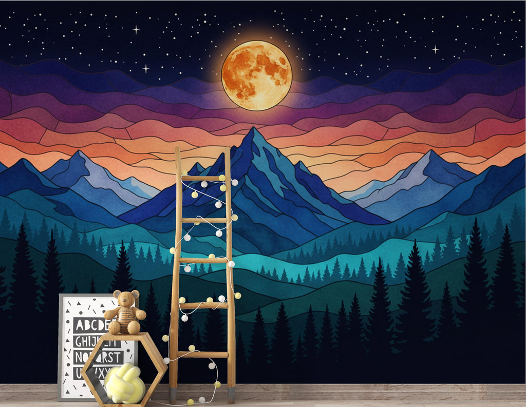 Panoramic Mountain Night Wallpaper, Stained Glass Mural, Full Moon Forest Wall Decor, Mystical Night Sky 399DE